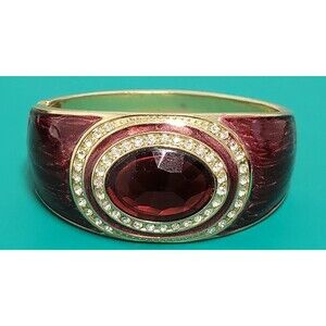 Vintage Ruby Red Cabochon Enamel Gold Tone Rhinestone Clamper Bangle Bracelet